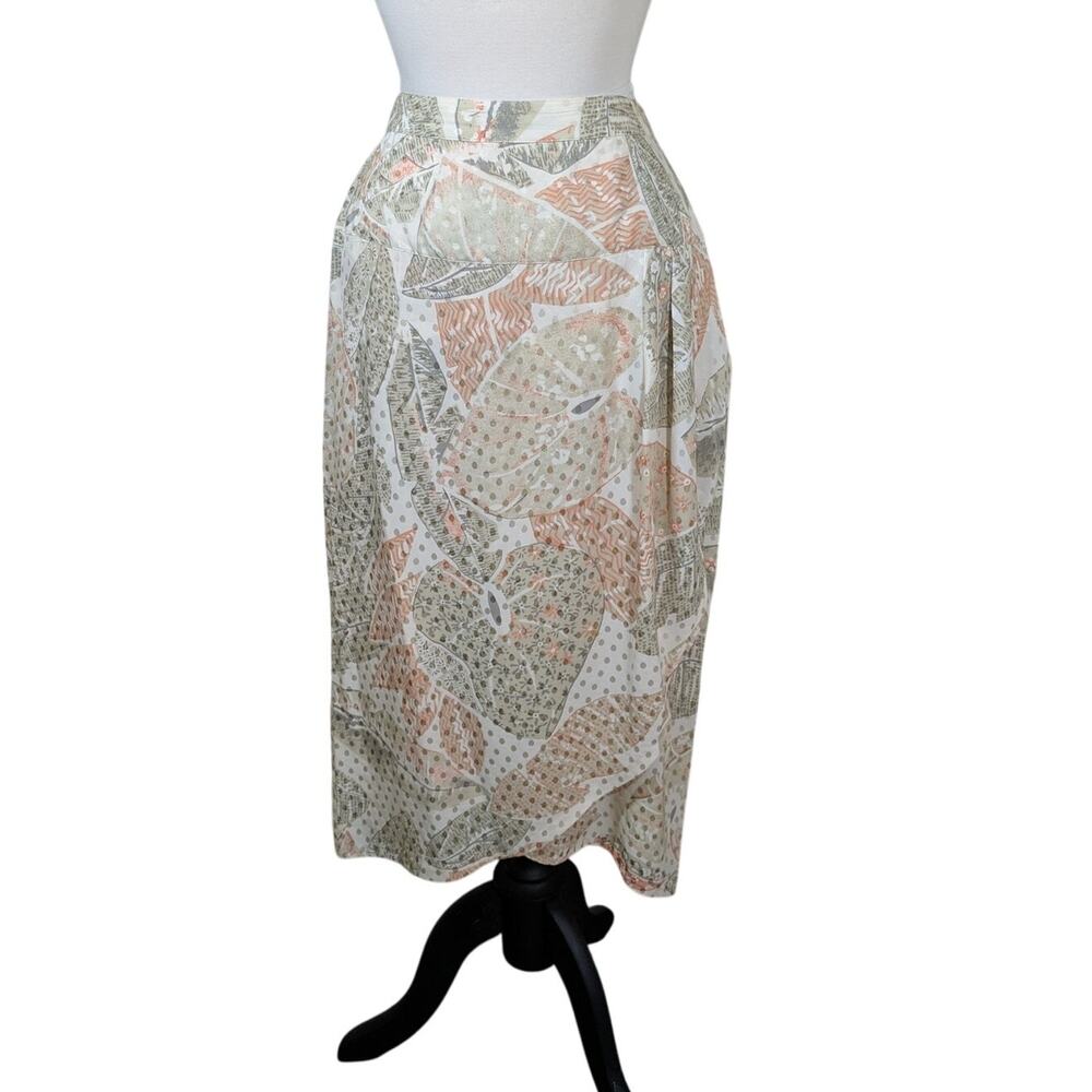 Vintage Josephine Chaus 100% Silk Peach & Cream Fux Wrap Midi Skirt